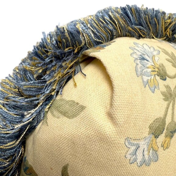 Floral Accent Pillow Yellow Blue Fringe Zippered Cover w/ Insert 19" - Picture 3 of 8